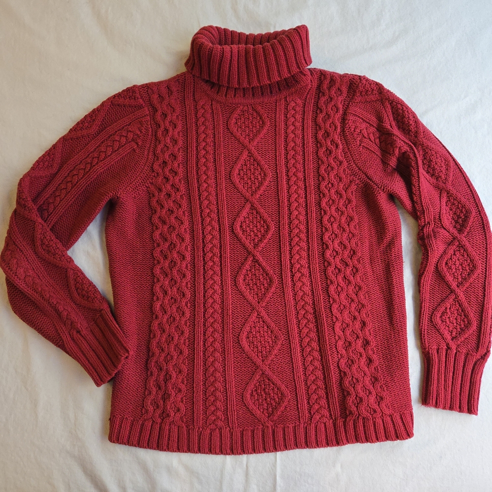 Eddie Bauer Red Chunky Cable Knit Cotton Blend Turtleneck Sweater